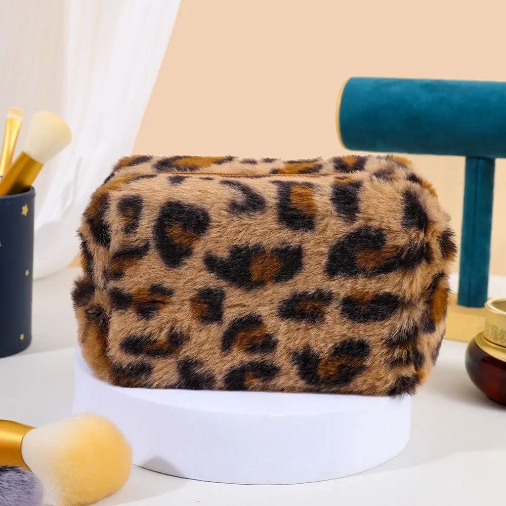 Plush Leopard Print Large Capacity Makeup Bag 4