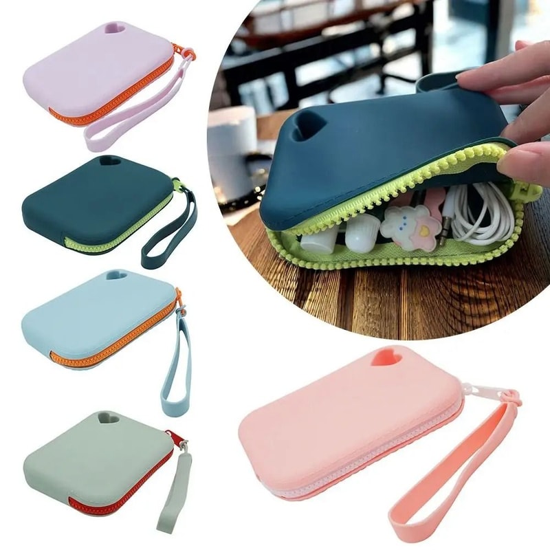 Portable Solid Color Silicone Coin And Earphone Purse 0