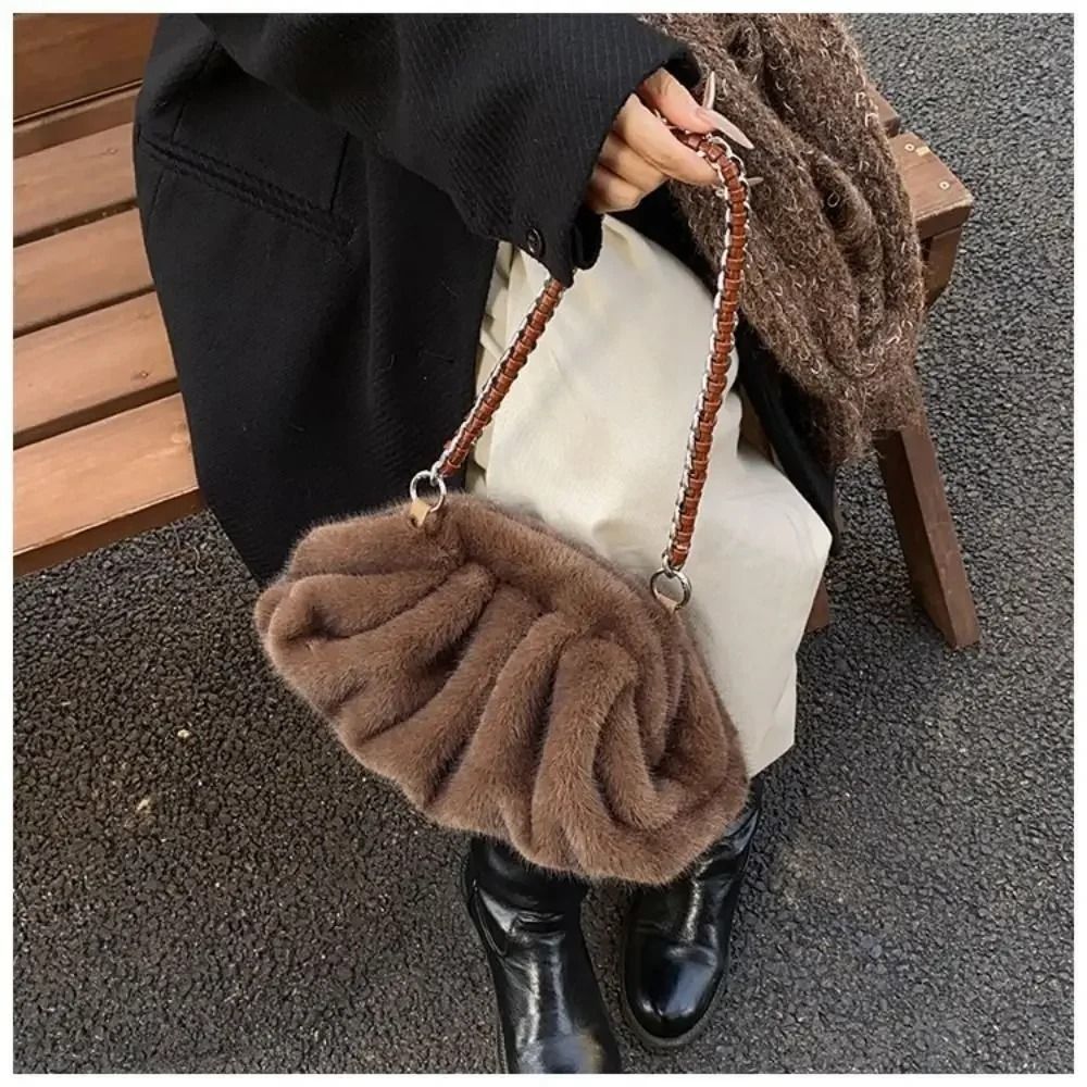 Trendy Soft Faux Fur Pleated Hobo Bag 1