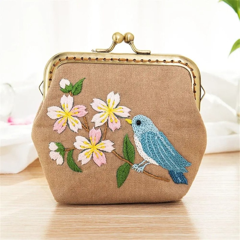 Handmade Flowers And Bird Embroidered DIY Coin Purse Kit 9
