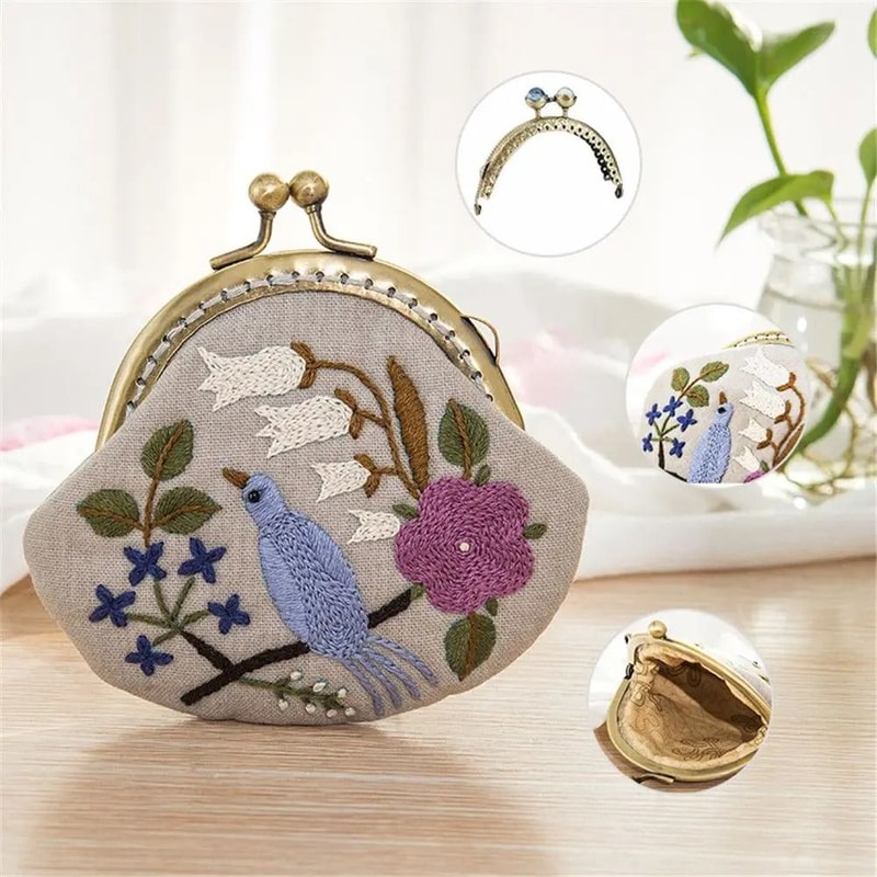 Handmade Flowers And Bird Embroidered DIY Coin Purse Kit 6