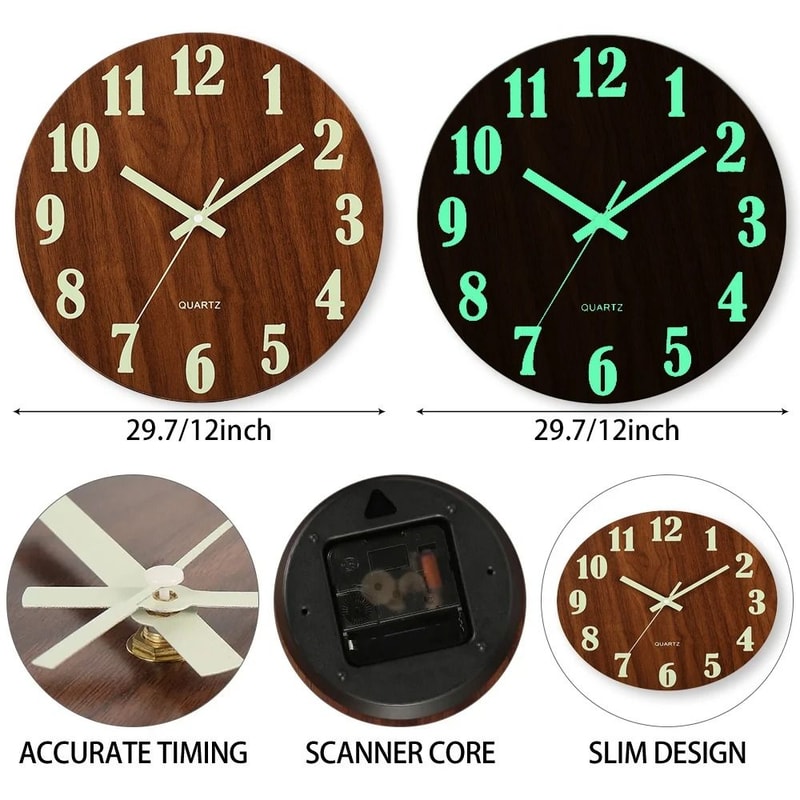 12 Inch Luminous Wooden Silent Wall Clock 4