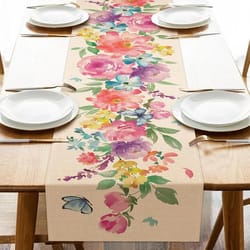 spring watercolor floral and butterfly linen table runner