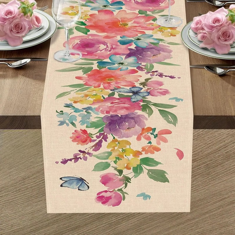 Spring Watercolor Floral And Butterfly Linen Table Runner 2
