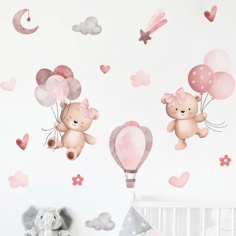 Whimsical Architectural Pink Bear And Balloon Nursery Wall Decals 0