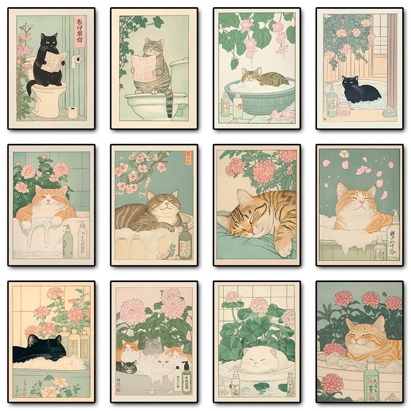 Japanese Retro Aesthetic Tabby Cat Bathroom Canvas Art 0