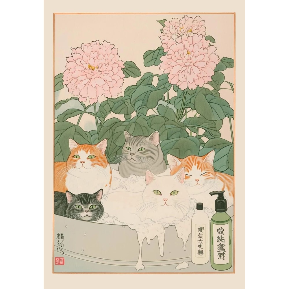 Japanese Retro Aesthetic Tabby Cat Bathroom Canvas Art 12