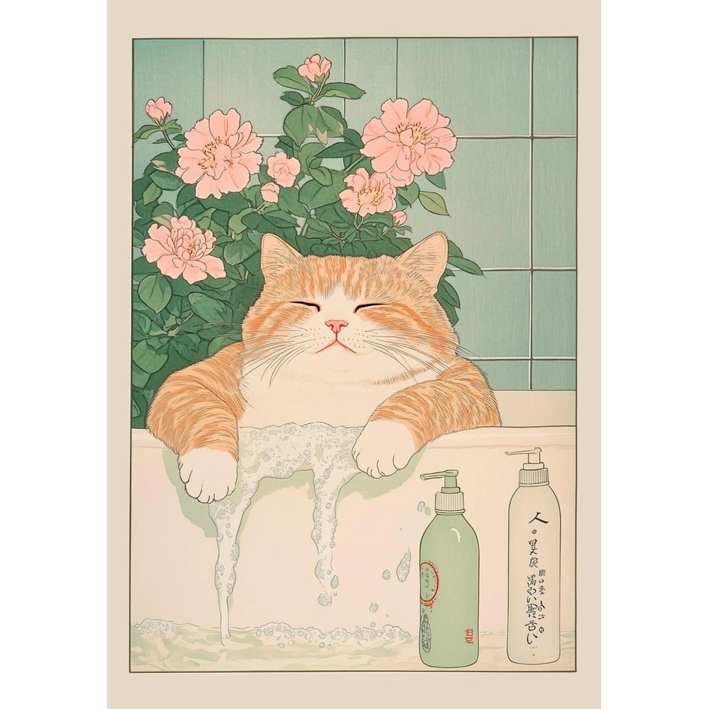 Japanese Retro Aesthetic Tabby Cat Bathroom Canvas Art 17