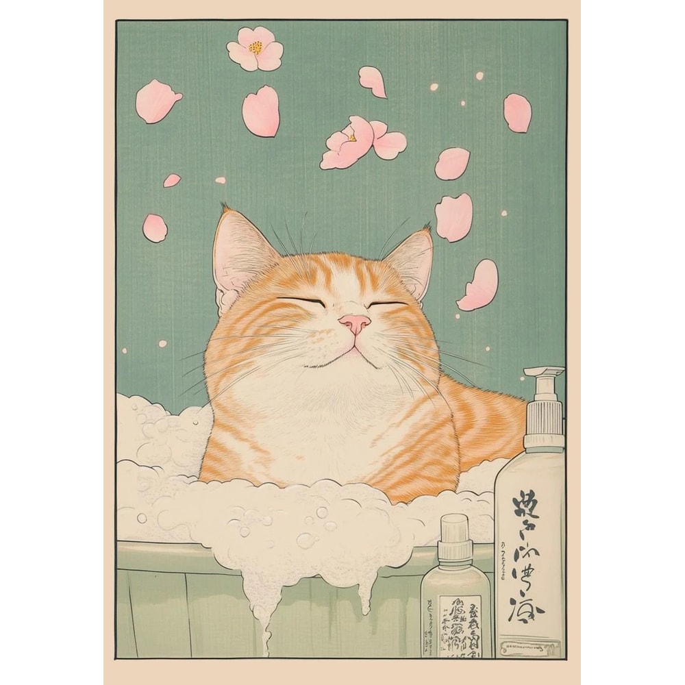 Japanese Retro Aesthetic Tabby Cat Bathroom Canvas Art 14