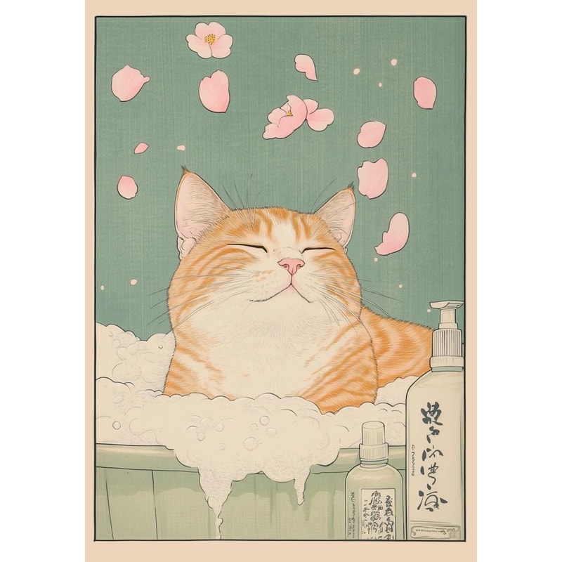 Japanese Retro Aesthetic Tabby Cat Bathroom Canvas Art 14