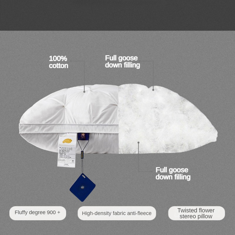 Luxury Goose Down Pillow White Cotton Pillow Cover Rectangle, 5-Star Hotel Sleep Experience with Low-Mid-high Pillows