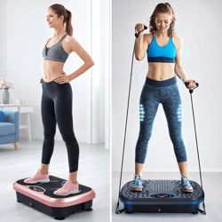 home training equipment: vibration plate exercise machine with loop bands, whole body workout fitness platform