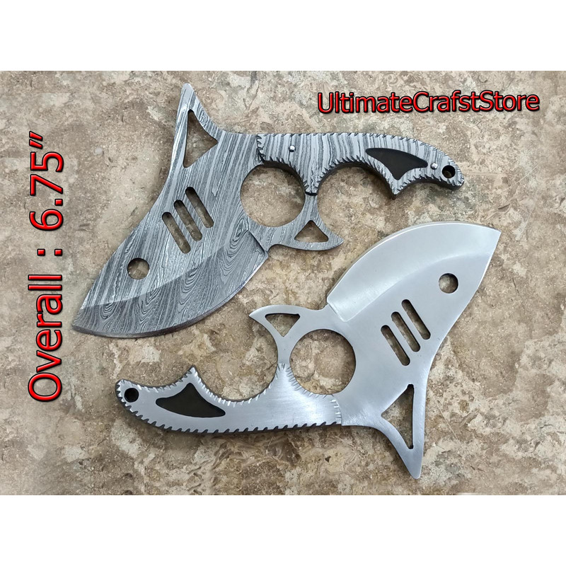 Hand Crafted 2 Pcs Of Custom Made Damascus And Steel Fish Design Ulu Skinner Knives A Unique Gift 3