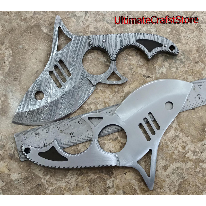 Hand Crafted 2 Pcs Of Custom Made Damascus And Steel Fish Design Ulu Skinner Knives A Unique Gift 4