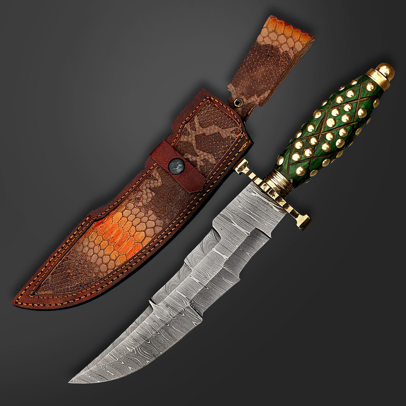 AXENCRAFT 12 Handmade Damascus Clip Point Bowie Knife Full Tang Hunting Knife With Ornate Handle 5