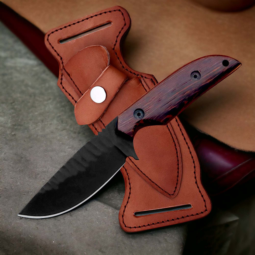 AXENCRAFT Handmade Pocket Knife 5 J2 Powder Coated Steel Blade With Rosewood Handle Leather Sheat 1