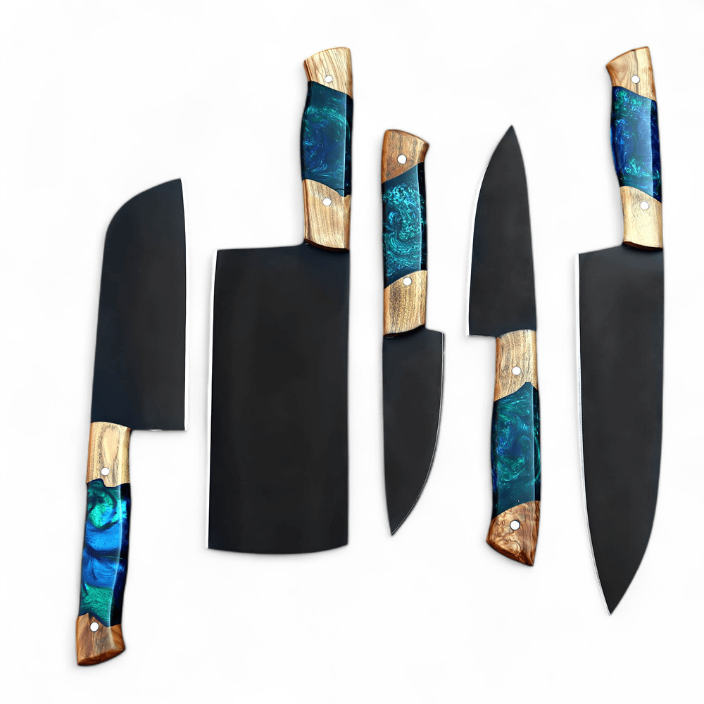 AXENCRAFT 5Piece Handmade Kitchen Knife Set High Carbon Steel Blades Resin Wood Handle With Leat 3