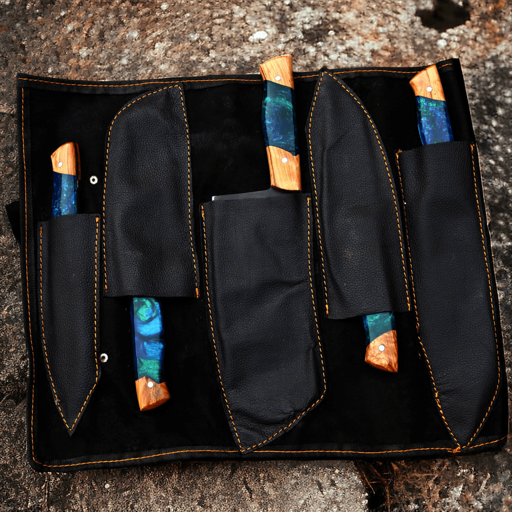 AXENCRAFT 5Piece Handmade Kitchen Knife Set High Carbon Steel Blades Resin Wood Handle With Leat 5