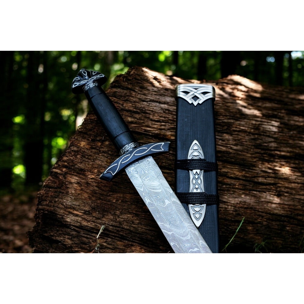 AXENCRAFT Shadowfang 38 Inch Damascus Steel Viking Sword With Leather Sheath HandForged Collectib 0