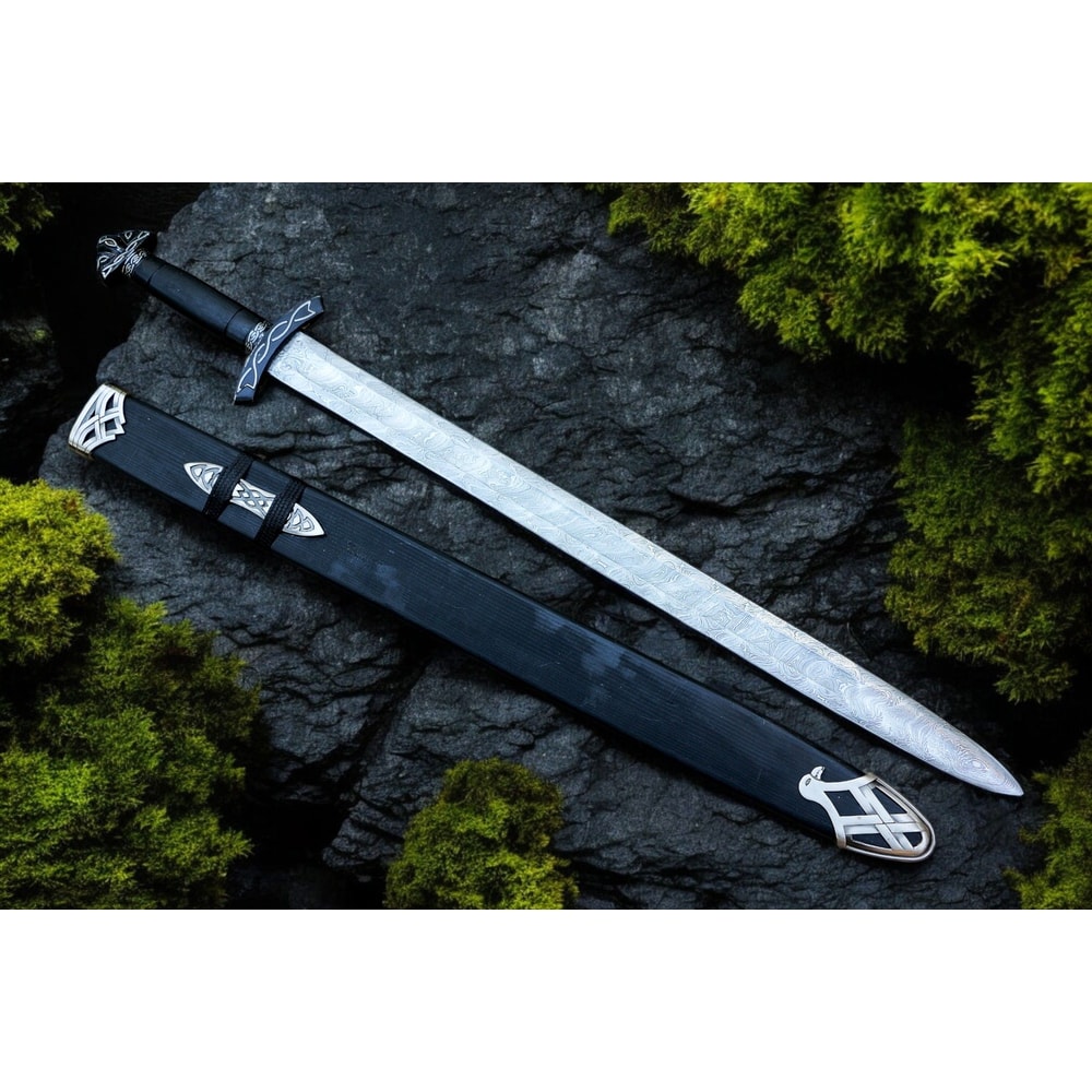 AXENCRAFT Shadowfang 38 Inch Damascus Steel Viking Sword With Leather Sheath HandForged Collectib 1
