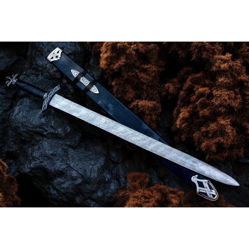 AXENCRAFT Shadowfang 38 Inch Damascus Steel Viking Sword With Leather Sheath HandForged Collectib 3