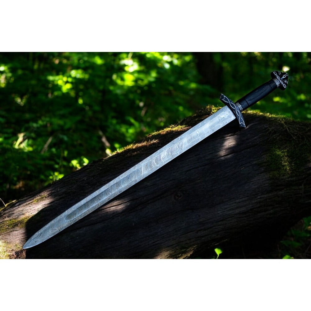 AXENCRAFT Shadowfang 38 Inch Damascus Steel Viking Sword With Leather Sheath HandForged Collectib 5