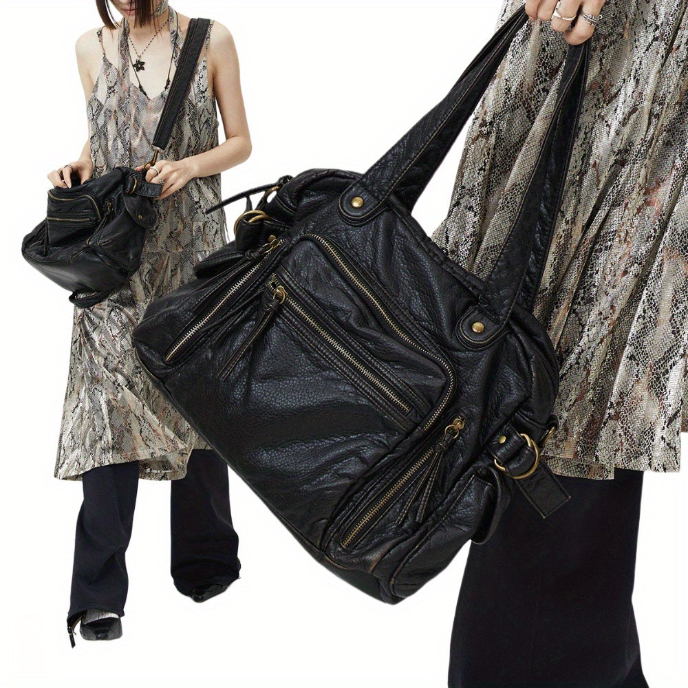 Y2K Punk Crossbody Bag, Retro Tote, Large Capacity Shoulder Bag, Soft PU Leather Motorcycle Purse, Multi Pocket Handbag