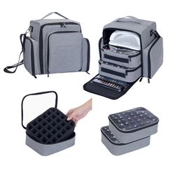nail polish organizer by large capacity storage, holds bottles, with independent bags for nail art lamp and tools.