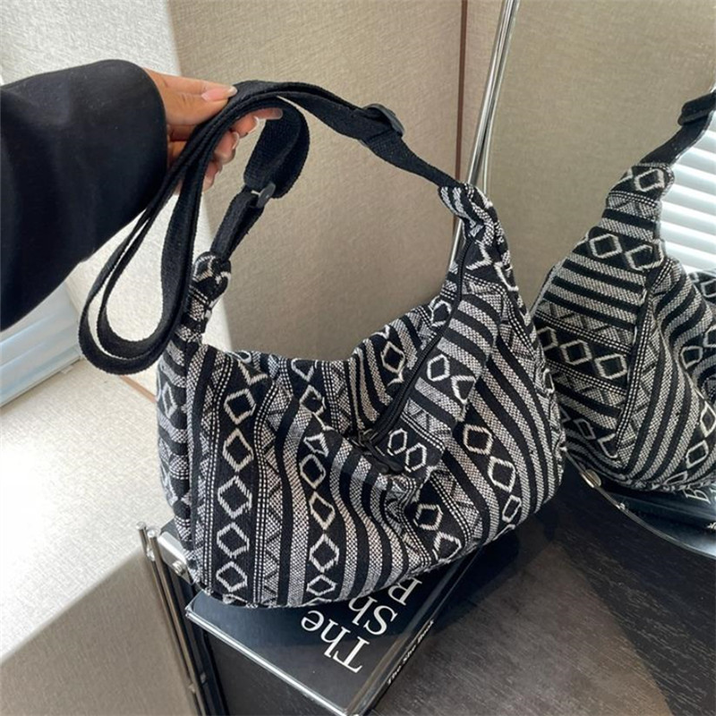 Foldable Crossbody with Zipper Closure, Tribal Style Shoulder Bag, Striped Flag Theme, Hand Washable Edge Painted Lining