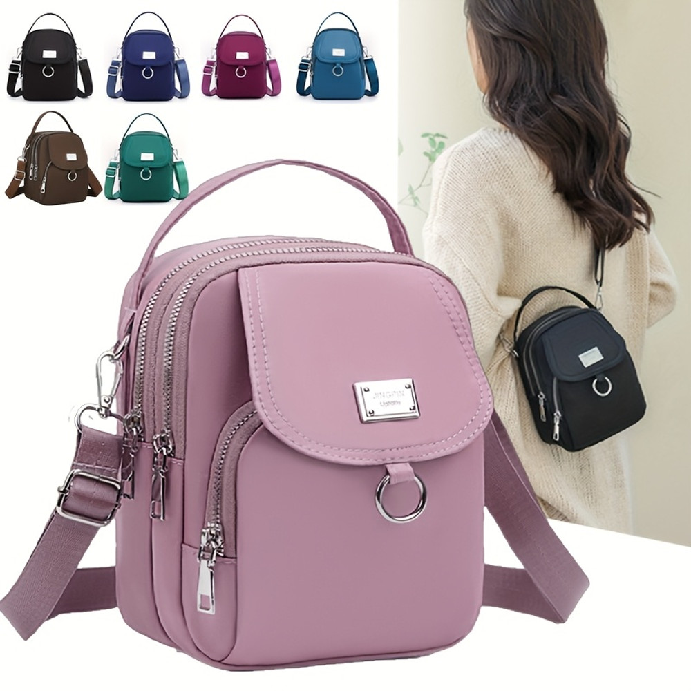 Lightweight Nylon Crossbody Bag for Women, Casual Mini Handbag, Shoulder Tote Purse with Multiple Zip Compartments