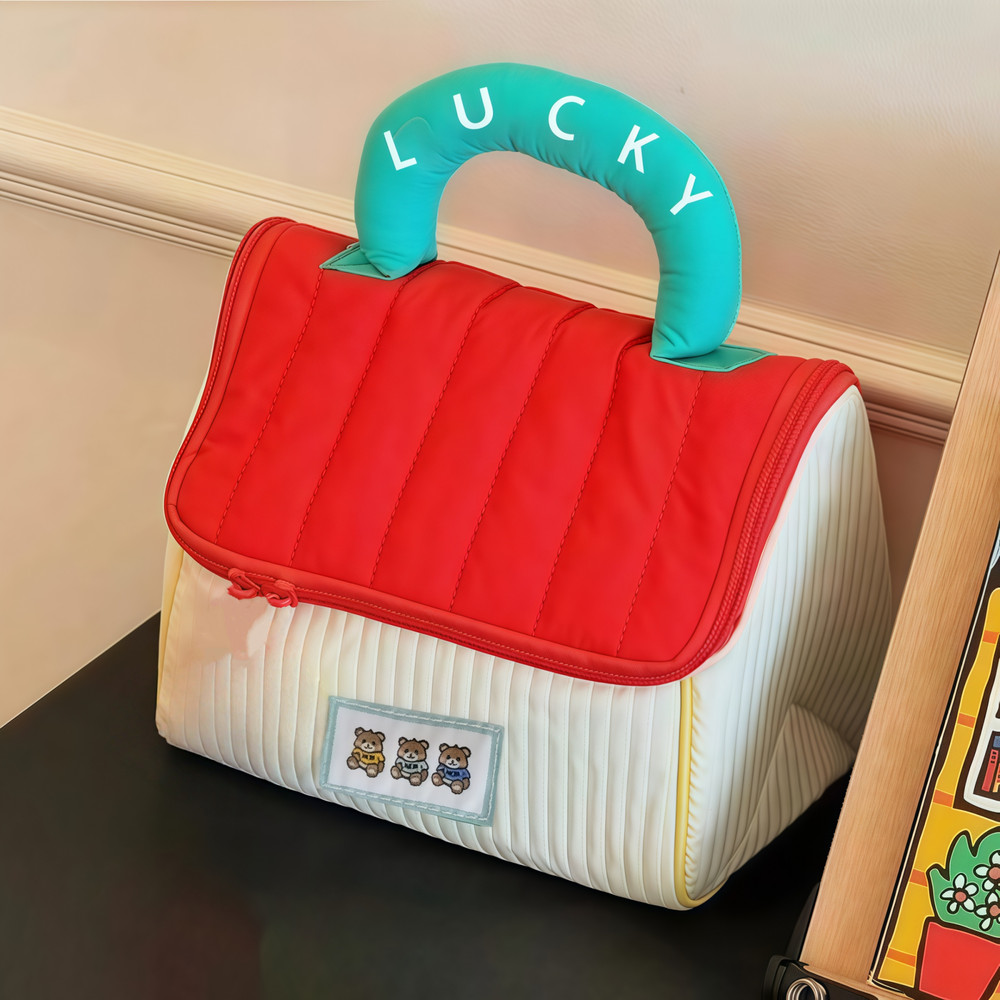 Girls Large Capacity Cute Hut Handbag Cartoon Pattern Portable Handheld Travel Toiletry Bag Cosmeti