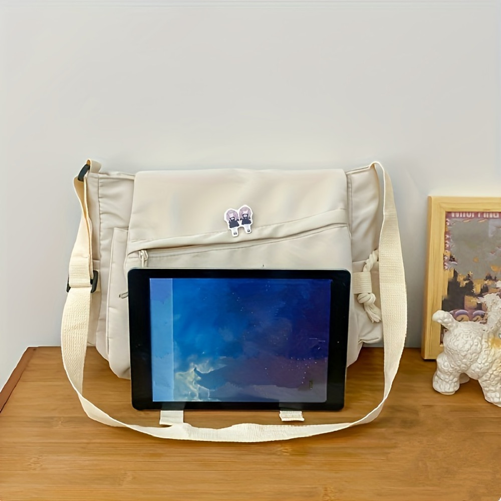 Trendy Mens Messenger Bag, Nylon Shoulder Bag, Student School Crossbody, Solid Color Handbag, Lightweight Travel Bag