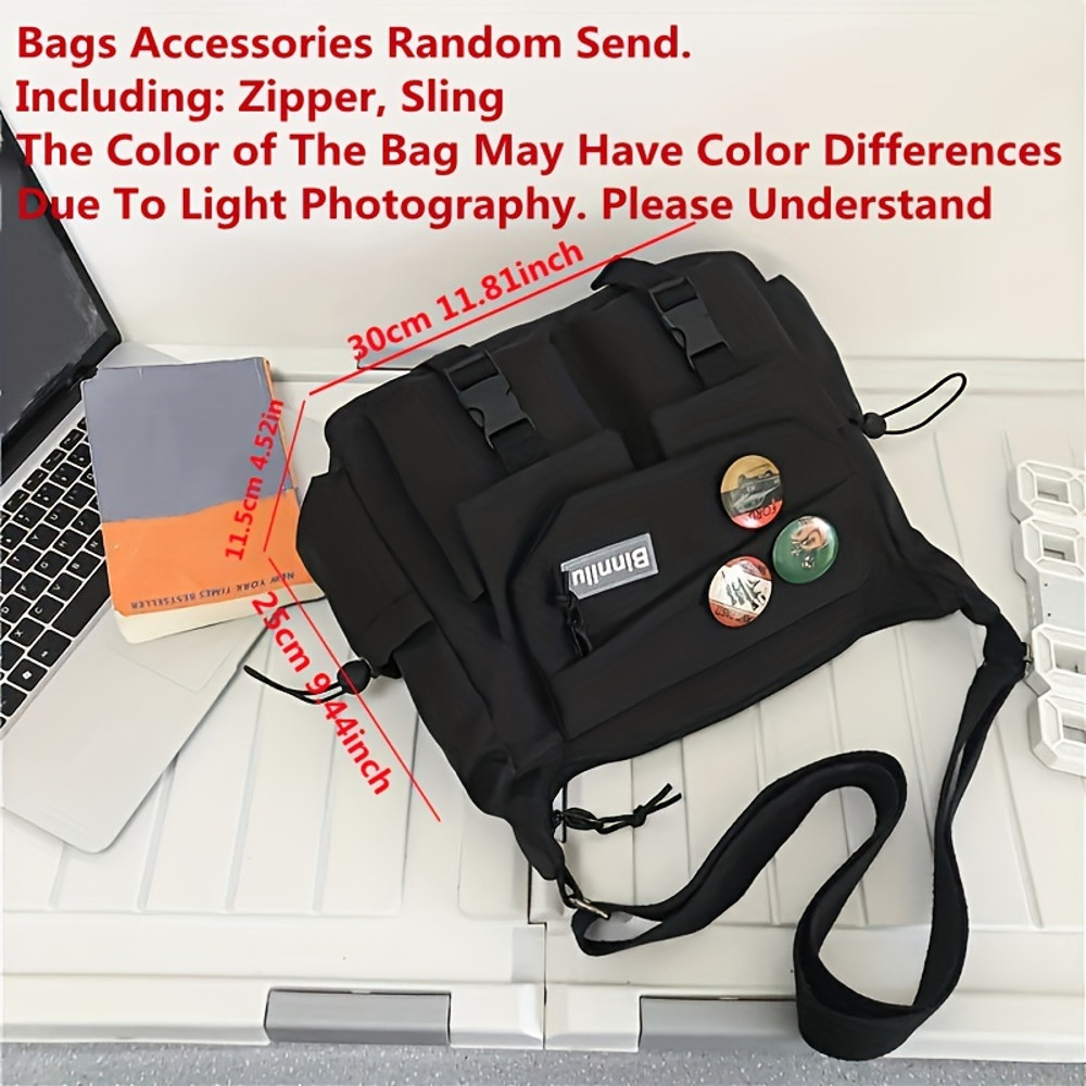 Trendy Mens Messenger Bag, Nylon Shoulder Bag, Student School Crossbody, Solid Color Handbag, Lightweight Travel Bag