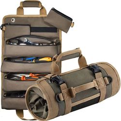canvas tool roll-up kit, multi-function large capacity hanging bag, car storage organizer, camping gear zipper carrier