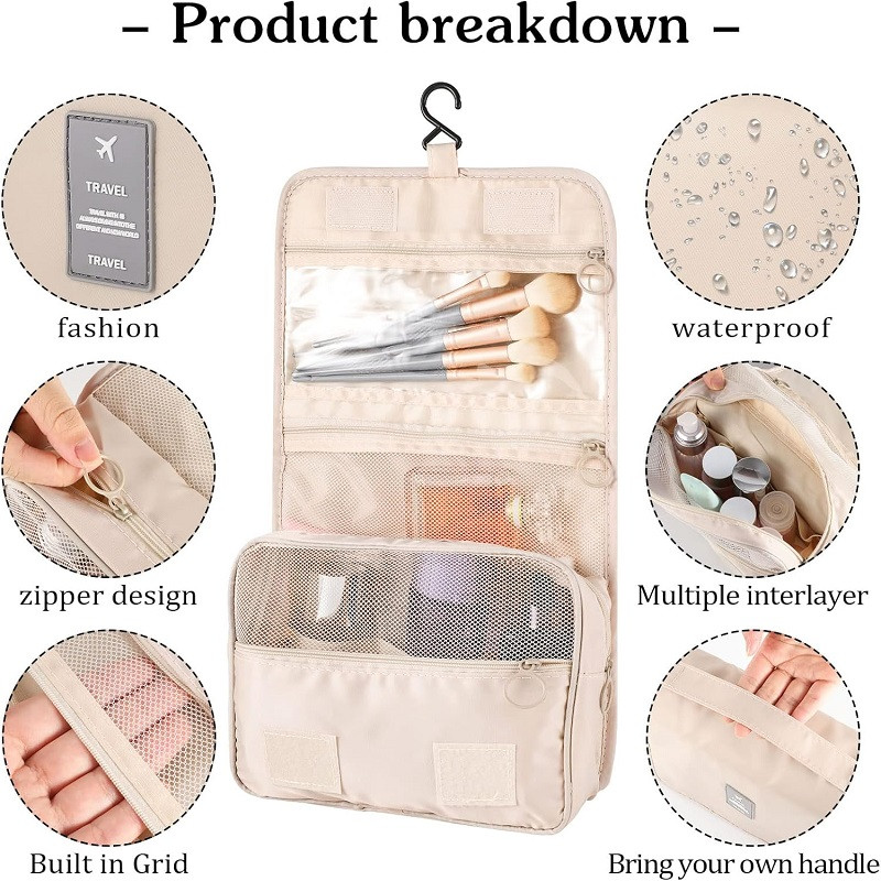 Waterproof Toiletry Washbag, Portable Cosmetic Storage Bag for Women and Men, Hanging Hook Travel Makeup Organizer