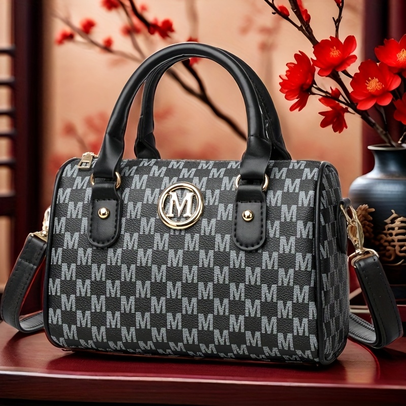 Faux Leather Small Crossbody Bag, Women Alphabet Shoulder Bag, Golden M Logo, for Work, Travel, Parties, Gift