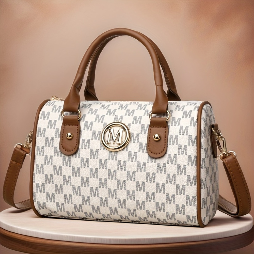 Faux Leather Small Crossbody Bag, Women Alphabet Shoulder Bag, Golden M Logo, for Work, Travel, Parties, Gift