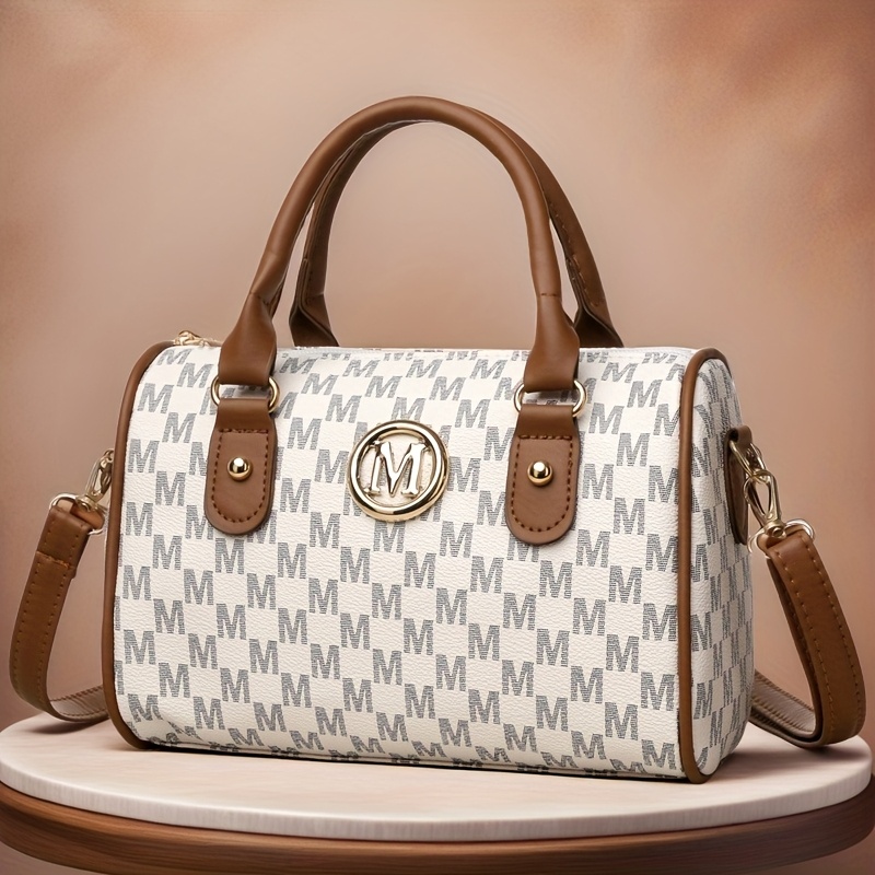 Faux Leather Small Crossbody Bag, Women Alphabet Shoulder Bag, Golden M Logo, for Work, Travel, Parties, Gift