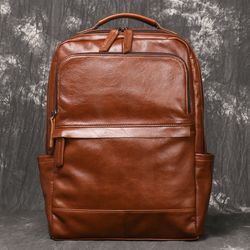 men's leather travel backpack, vintage cowhide laptop bag, women's large capacity school backpack