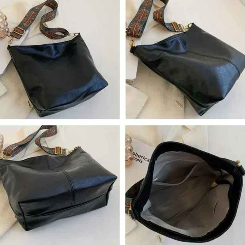 Leather Women Fashion, Vintage Solid Color Crossbody Bag, Simple Bucket Shoulder Sling, High-Capacity Wide Strap Bag