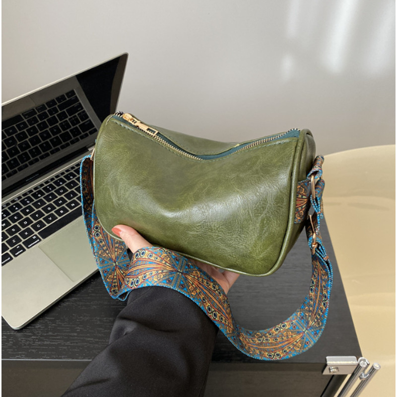 Leather Women Fashion, Vintage Solid Color Crossbody Bag, Simple Bucket Shoulder Sling, High-Capacity Wide Strap Bag