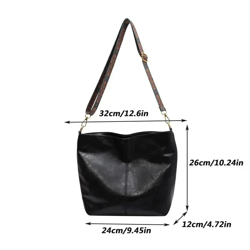 Leather Women Fashion, Vintage Solid Color Crossbody Bag, Simple Bucket Shoulder Sling, High-Capacity Wide Strap Bag