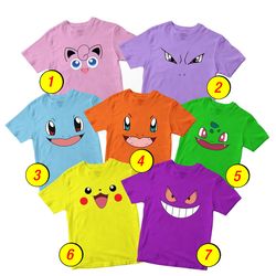 Pokemon T-Shirt Merch - 3 Pack Tee Shirts Bundle Cartoon Gengar, Pikachu, Bulbasaur, Squirtle, Charmander, Mewtwo