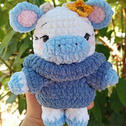 handmade sunflower cow plush – cute crochet toy in blue sweater