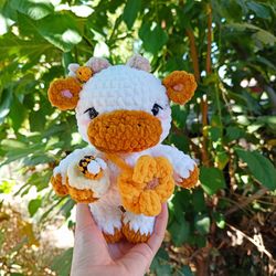handmade cow plush with bee honey pot & sunflower bag – cozy crochet toy