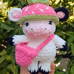 handmade strawberry cow plush – cute pink cow toy with strawberry details – kawaii plushie gift for her, baby shower