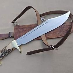 premium 18" custom bowie knife | d2 steel blade | stag handle with brass guard & clip | handmade luxury hunting knife wi