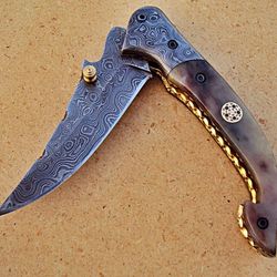 custom handmade damascus folding knife 7.3 inch camel bone handle leather sheath collector masterpiece
