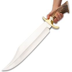 22 inch bowie knife 15 inch d2 steel blade genuine stag handle leather sheath brass guard collector masterpiece