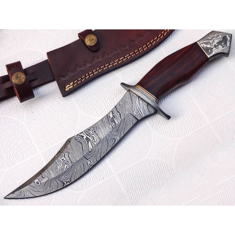 Handmade 13 Damascus Hunting Knife Rosewood Handle Damascus Guard Clip Leather Sheath Included 0